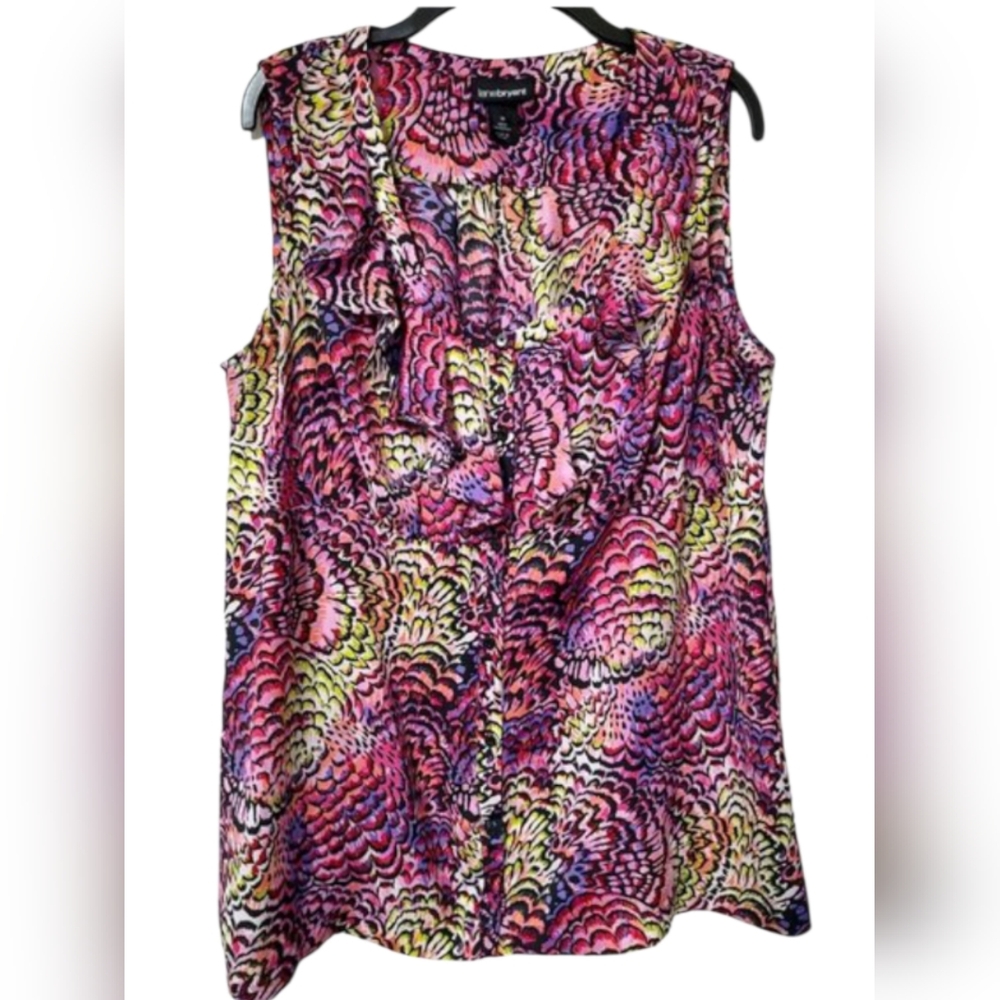 Lane Bryant Womens Multicolor Peacock Ruffle Sleeveless Blouse Button Up Size 18